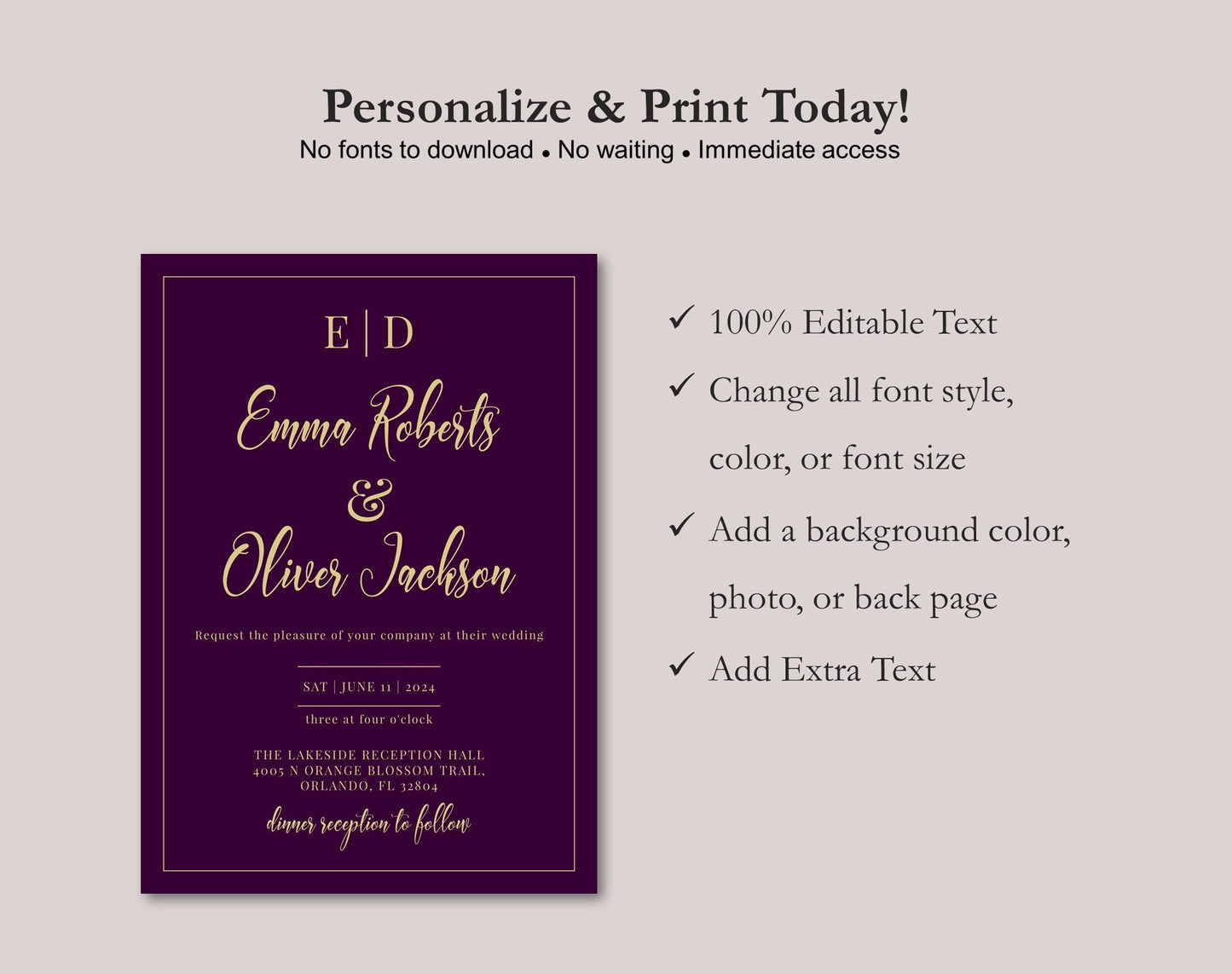 Eggplant Purple Wedding Invitation