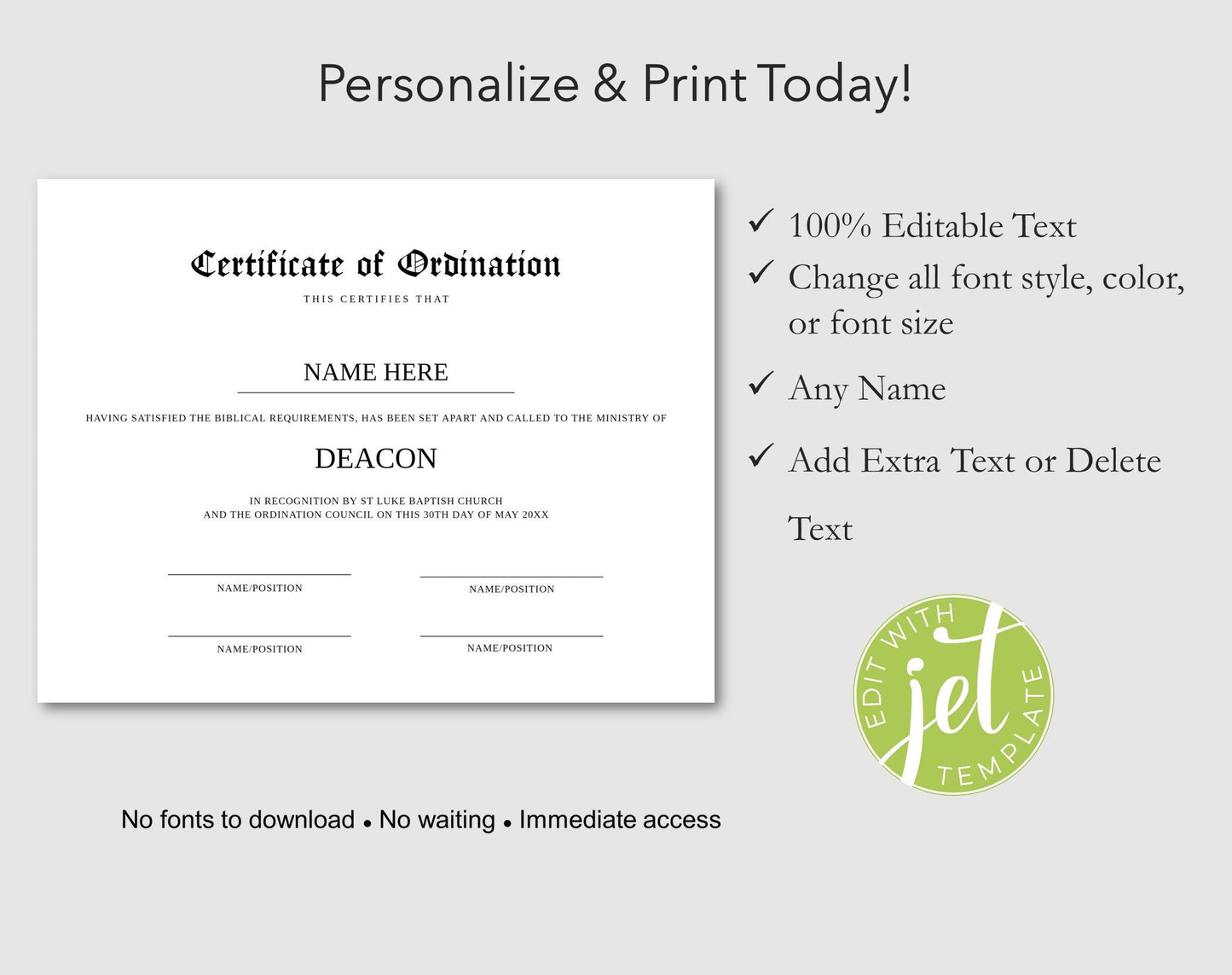 Customizable Certificate of Ordination - Digital Doc Inc