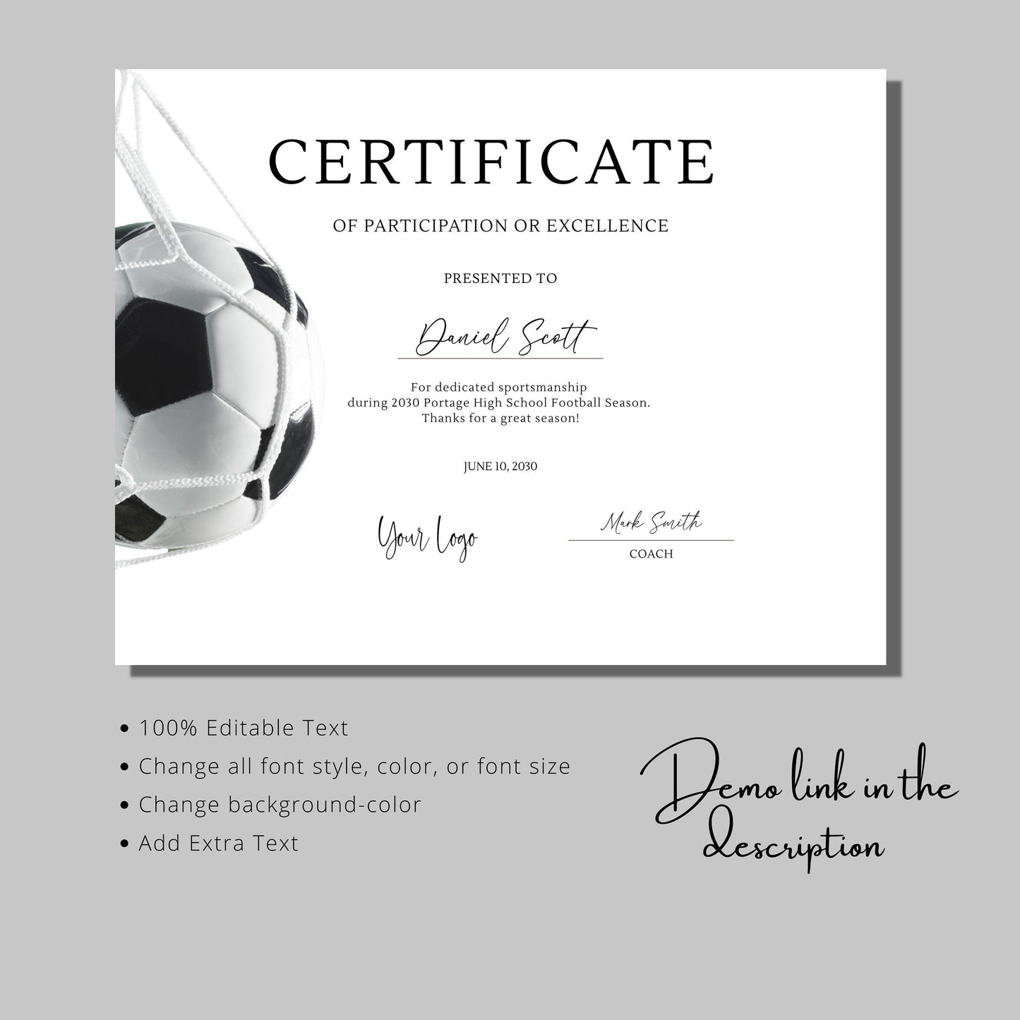 Football Award Certificate Template - Digital Doc Inc