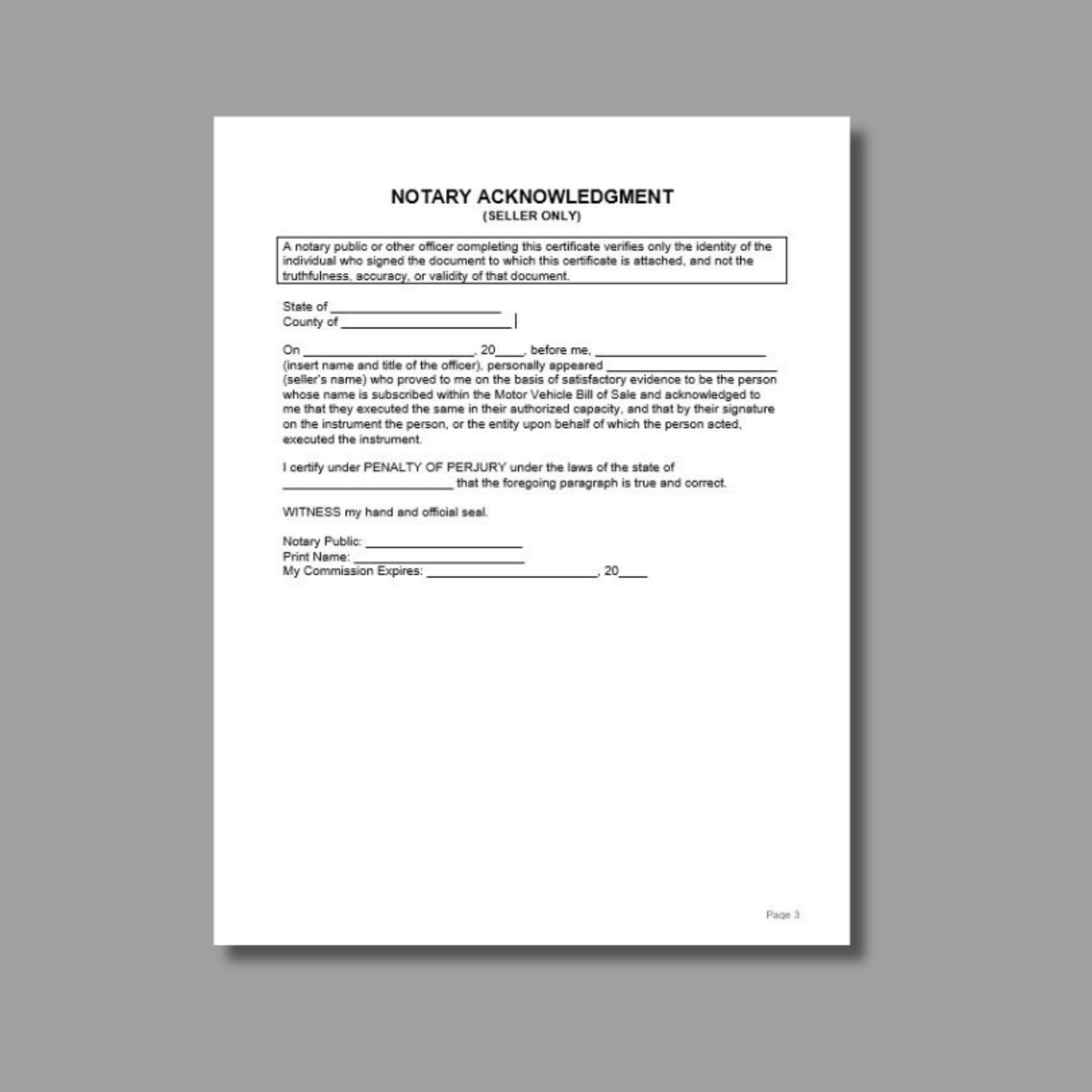 Motor Vehicle Bill of Sale Form Template