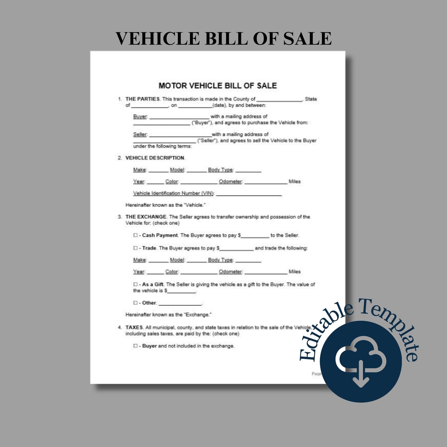 Motor Vehicle Bill of Sale Form Template