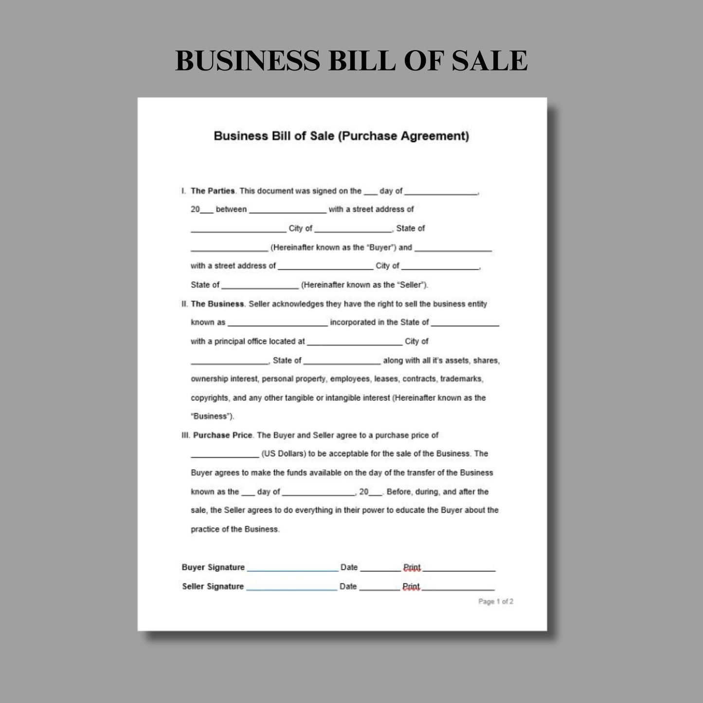 Business Bill of Sale Form